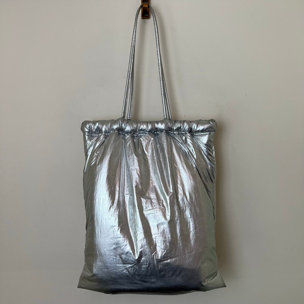 ZARA Silver Metallic Puffer Tote Bag Long Strap Shoulder Bag